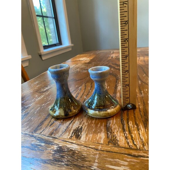 Vintage Handcrafted Ceramic Candleholders Signed 3" Tall Blue & Brown Glazed Fin - Picture 2 of 6